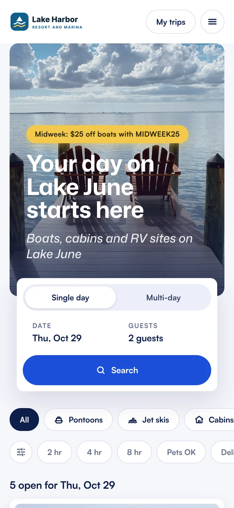 The guest booking page on a phone with date and guest search