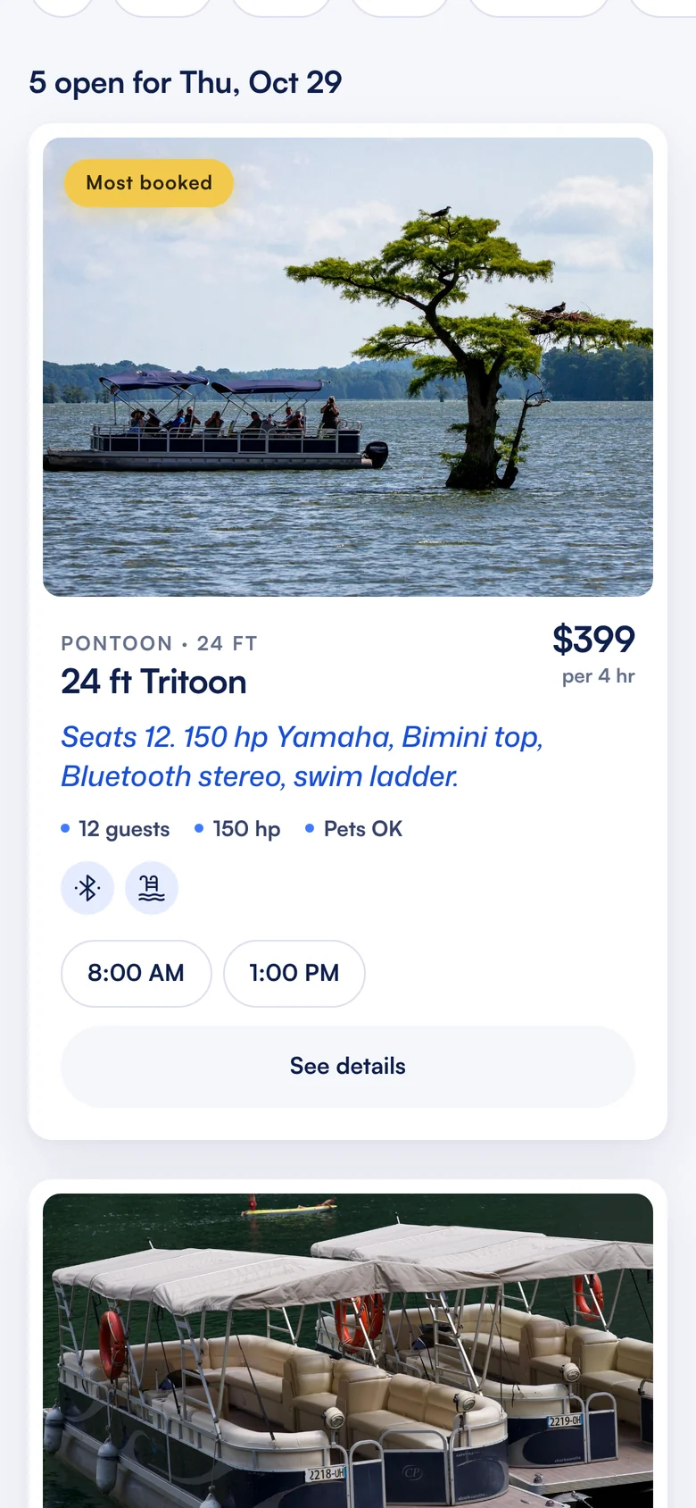 The guest booking page on a phone: a 24 ft tritoon for $399 per 4 hours with 8 AM and 1 PM open