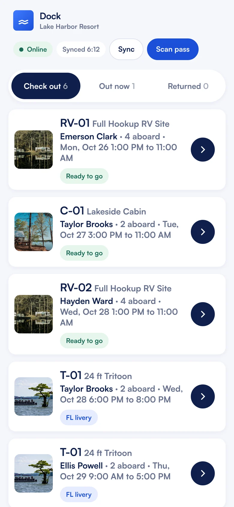 The dock app on a phone: check-out queue with RV sites, a cabin and tritoons, each ready to go